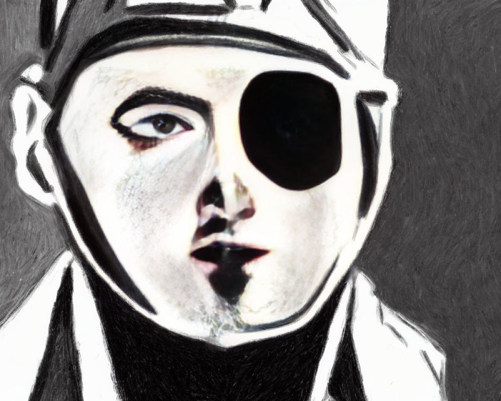 Portrait of a person in eye patch, white hat, and dark lips on black and white backdrop