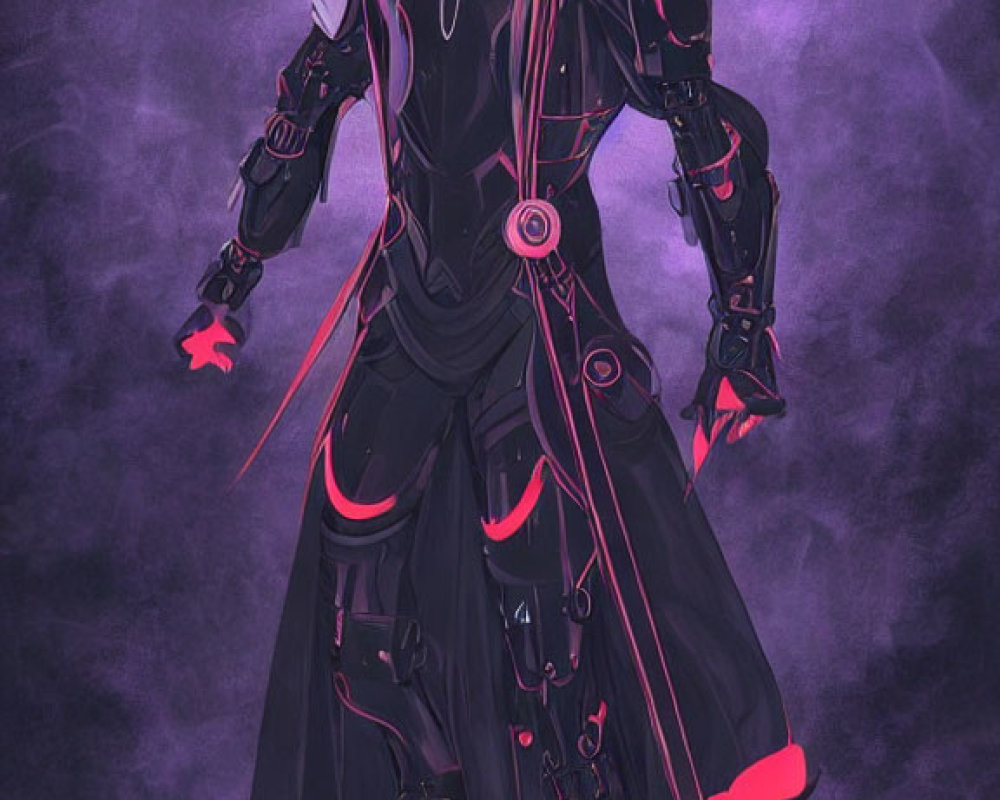 Futuristic knight in black armor with pink lights on purple backdrop