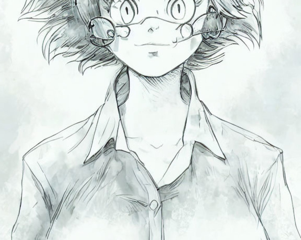 Monochrome sketch of stylish female character with spiky hair and glasses in buttoned shirt