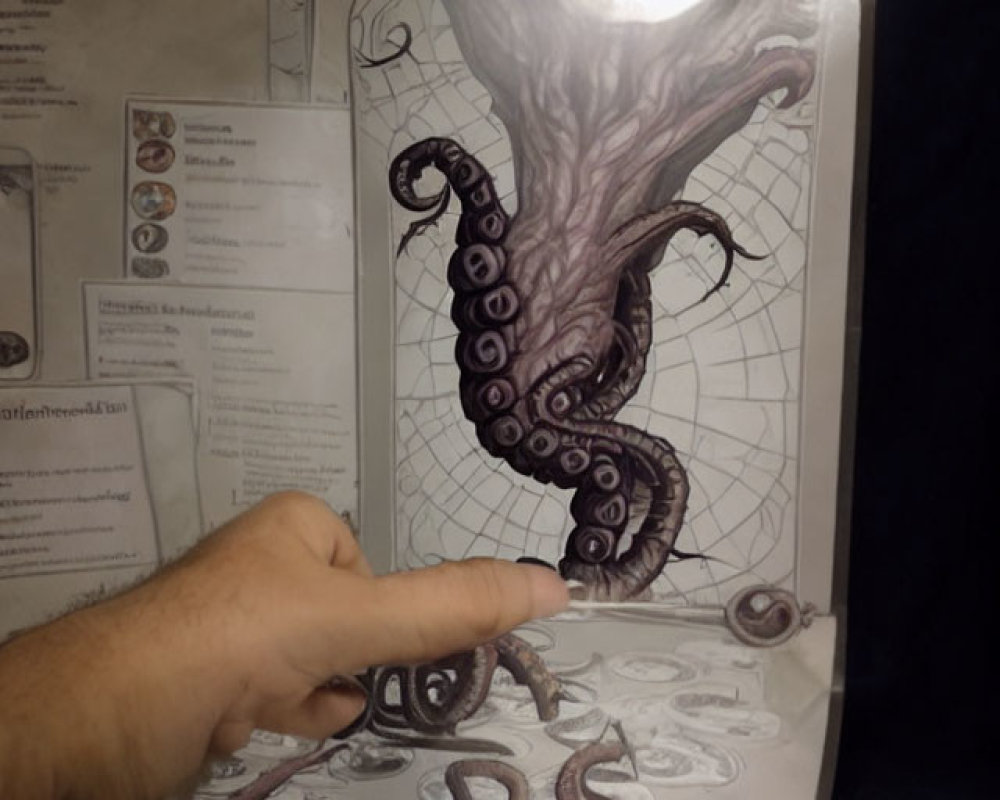 Hand interacts with 3D tentacled creature in optical illusion setup.