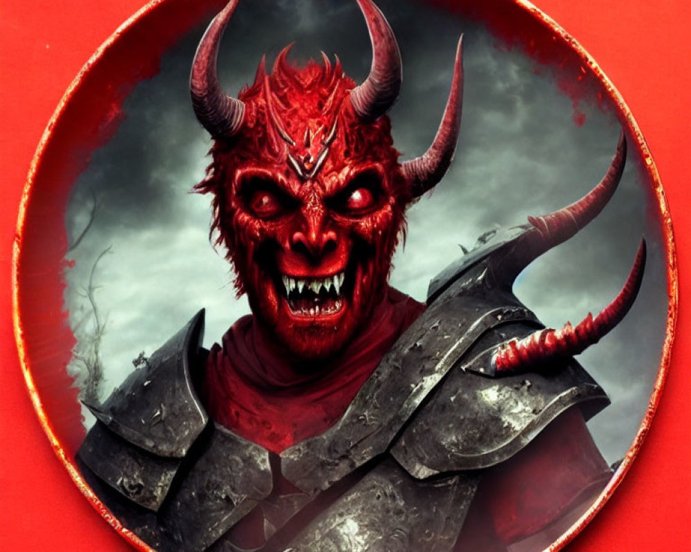 Sinister red demon in dark armor on eerie red background