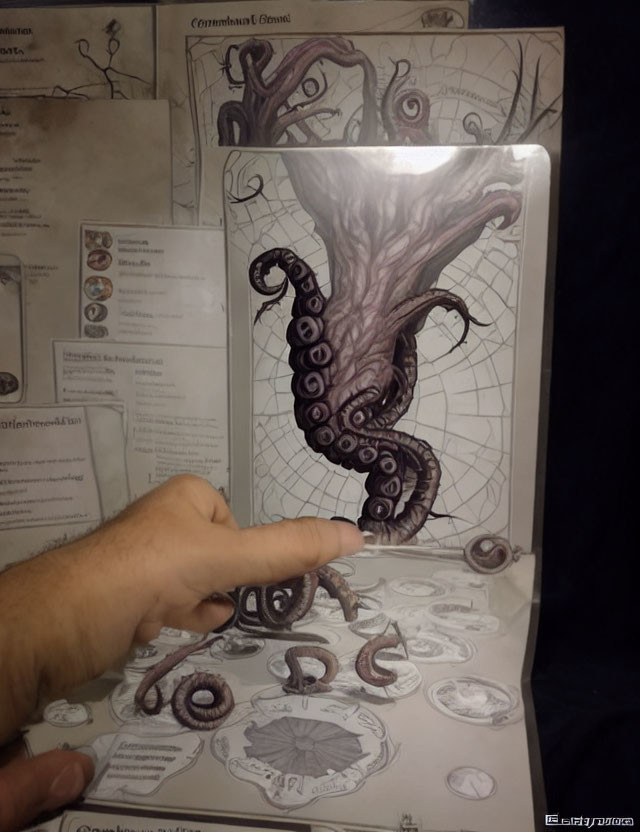 Hand interacts with 3D tentacled creature in optical illusion setup.