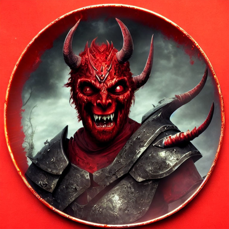 Sinister red demon in dark armor on eerie red background