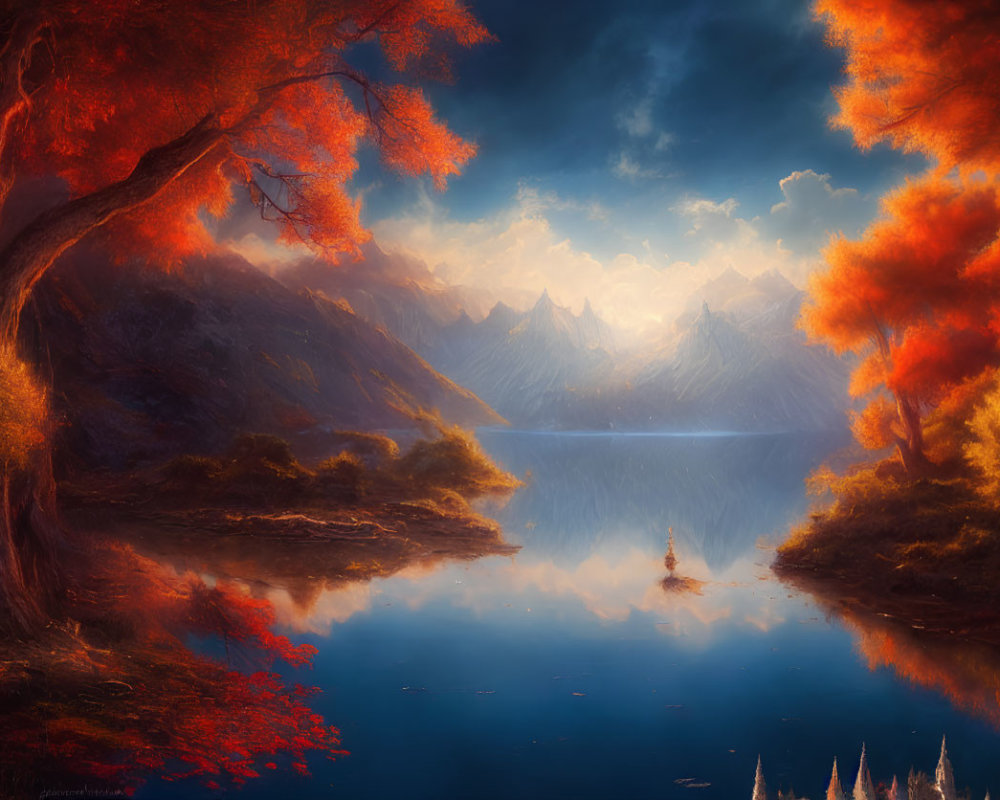 Vibrant autumn landscape with orange trees, serene lake, and mountain reflections