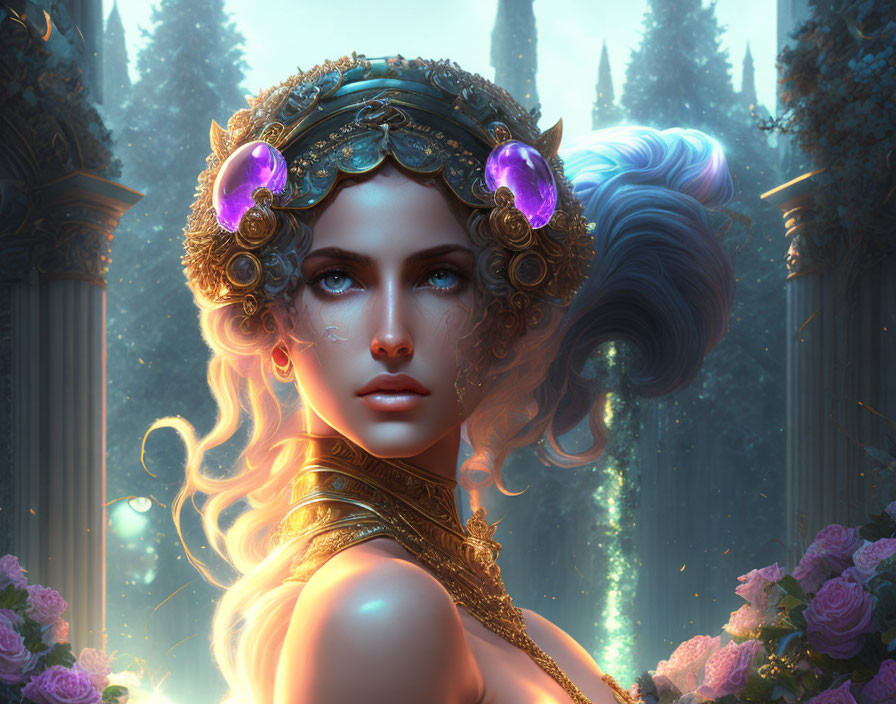 Fantasy-themed portrait of woman with golden headdress in magical forest