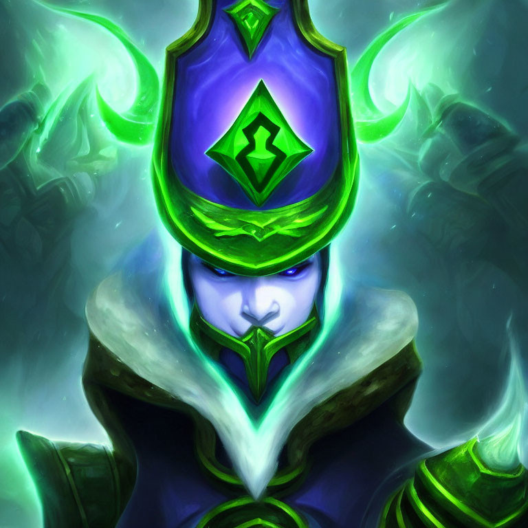 Character with Green Glowing Eyes in Magical Hat on Misty Background