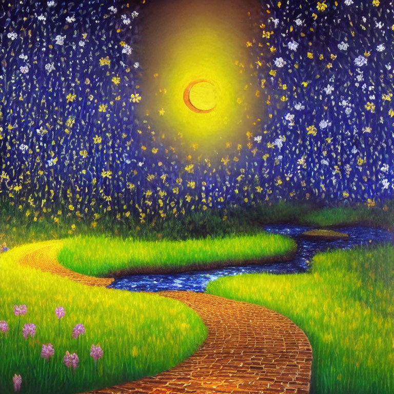 Night Scene Painting: Yellow Moon, River, Cobblestone Path, Purple & White Flowers