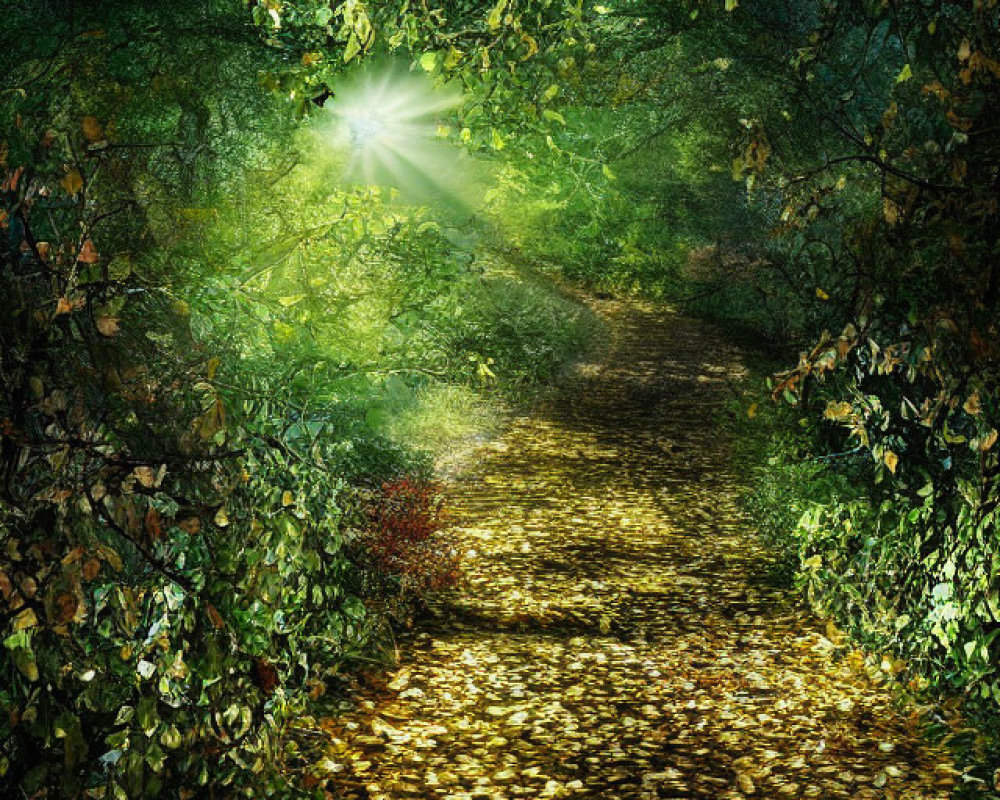 Sunlit Path Through Dense Forest with Green and Golden Leaves