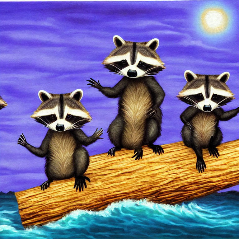 Three cartoon raccoons on log with purple sky and yellow sun