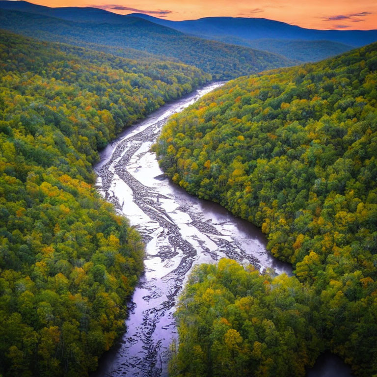 Aerial View of Winding River in Autumn Forest at Sunset