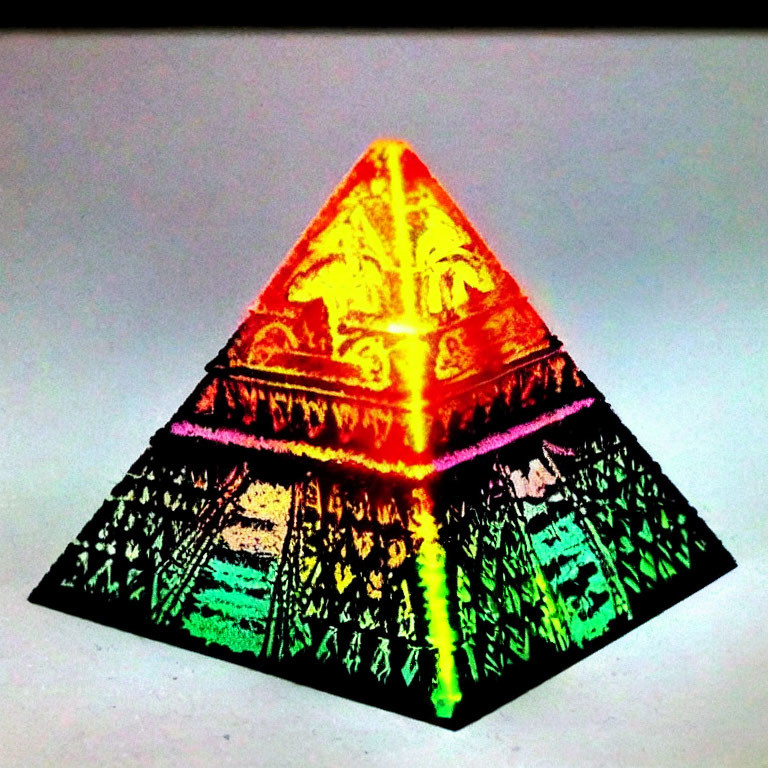 Vivid holographic pyramid with symbol on face against grey background