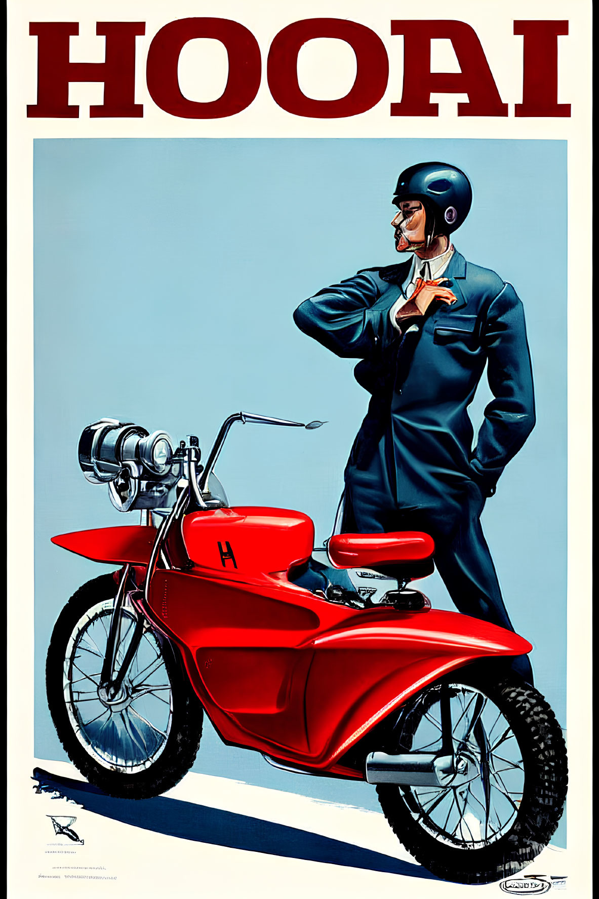 Vintage-style poster with man in blue uniform leaning on red motorcycle - "HOOAI" above