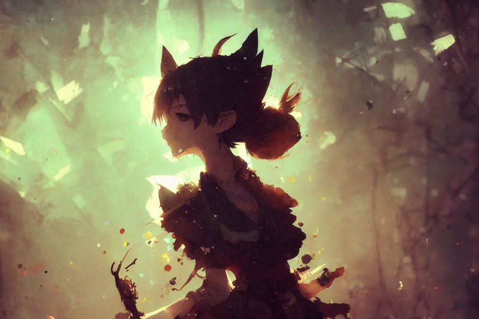 Whimsical character with animal ears in golden leaf setting