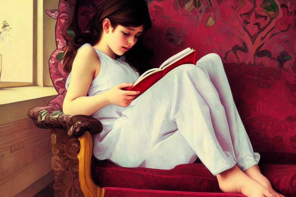 Young girl reading book on red sofa in blue top and white pants