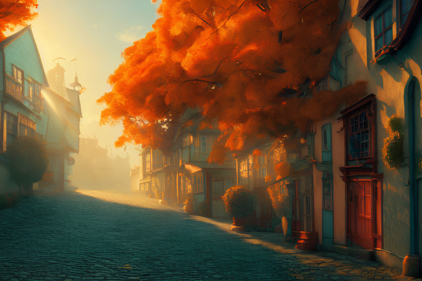 Charming cobblestone street with old houses and orange trees at sunrise