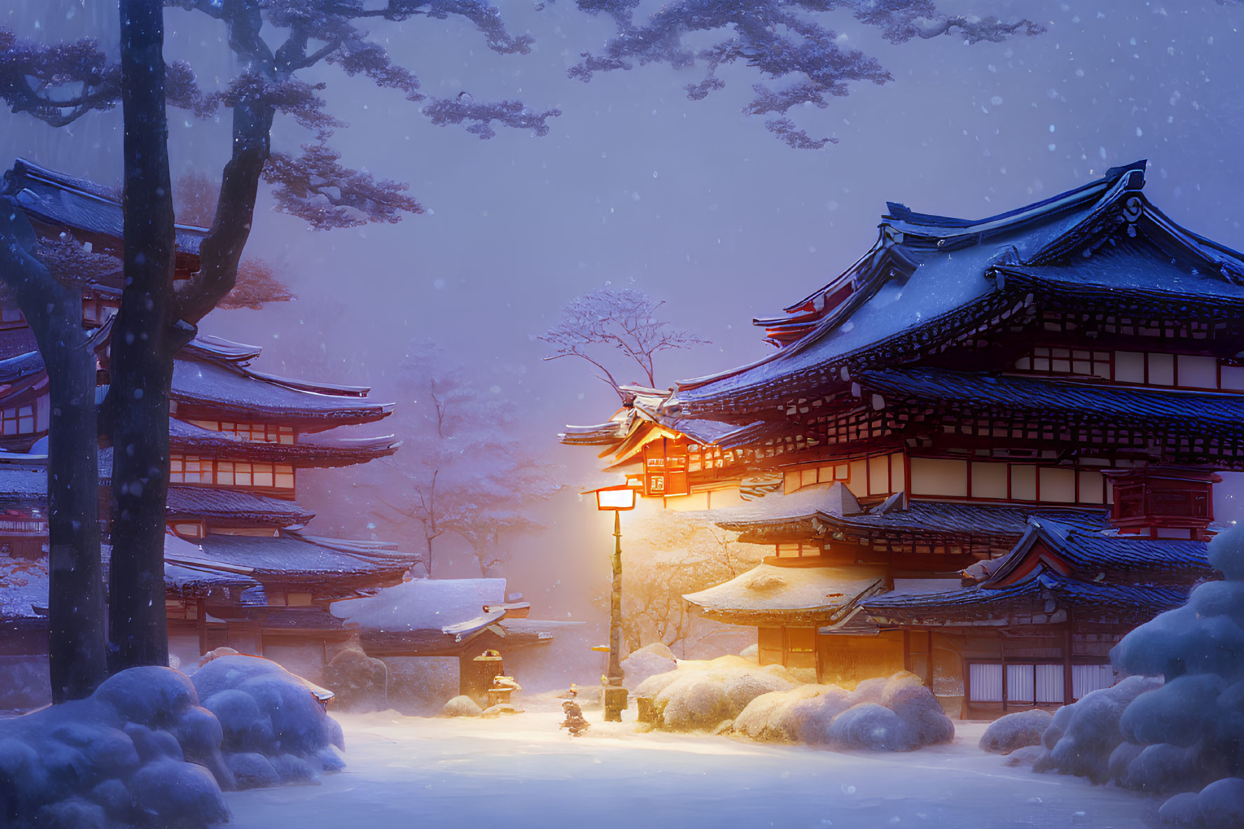 Snowy Japanese buildings with lanterns and snow-covered trees at dusk