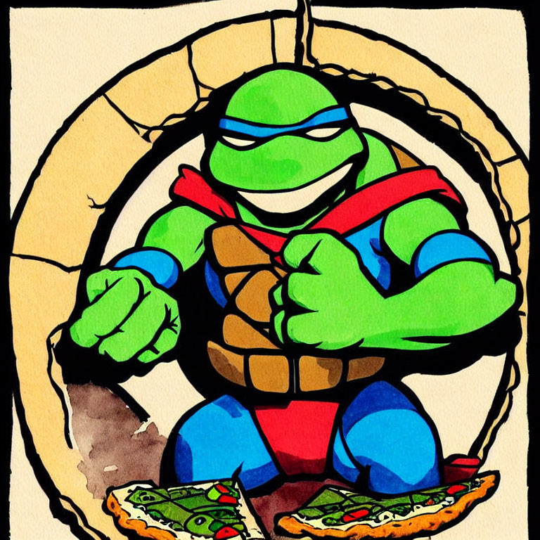 Green anthropomorphic turtle with red mask holding pizza in bold outlined watercolor illustration