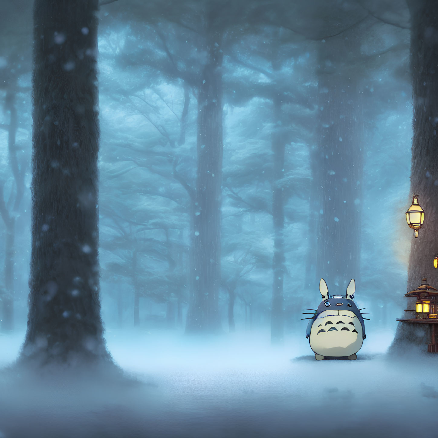 Snow-covered forest scene with animated creature and streetlamp