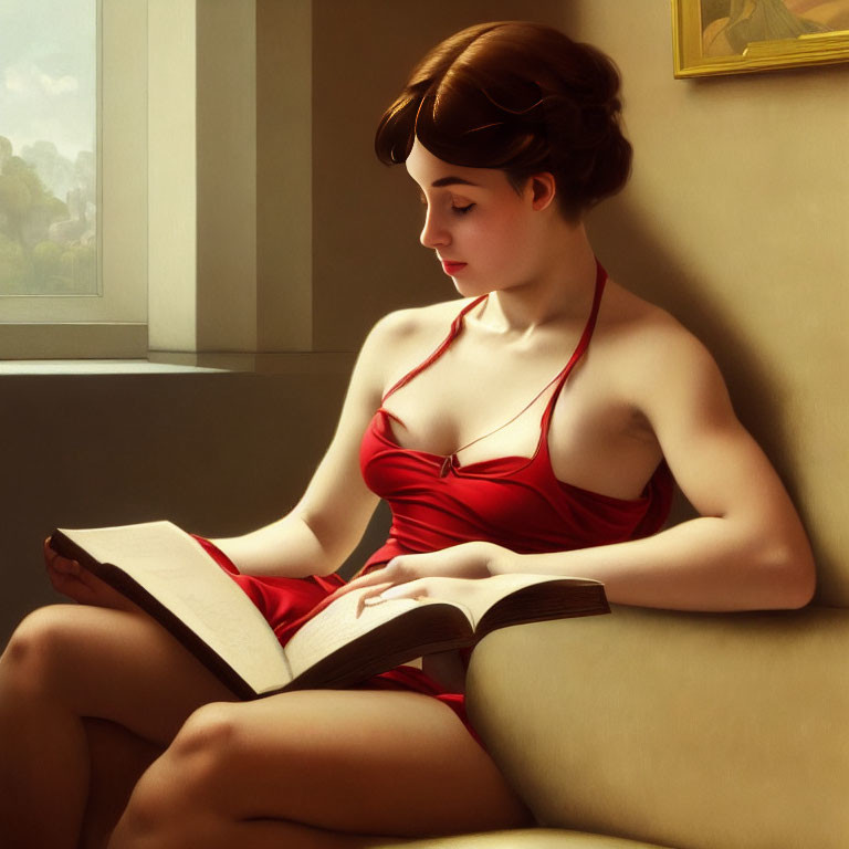 Woman in Red Dress Reading Book in Soft Light