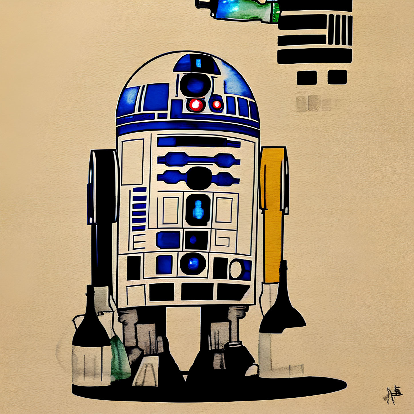 Abstract R2-D2 Art with Paint Splatters on Textured Background