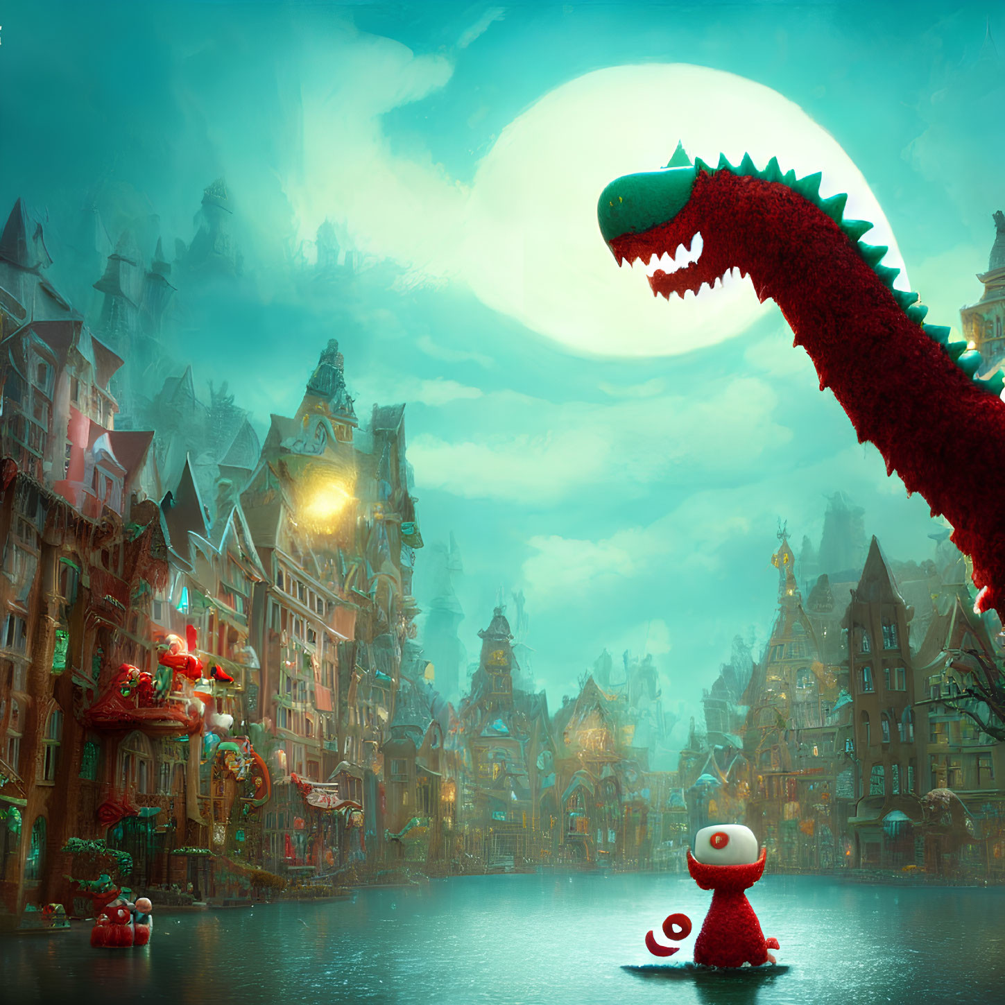 Vibrant whimsical cityscape with red creature and plush dinosaur under glowing moon