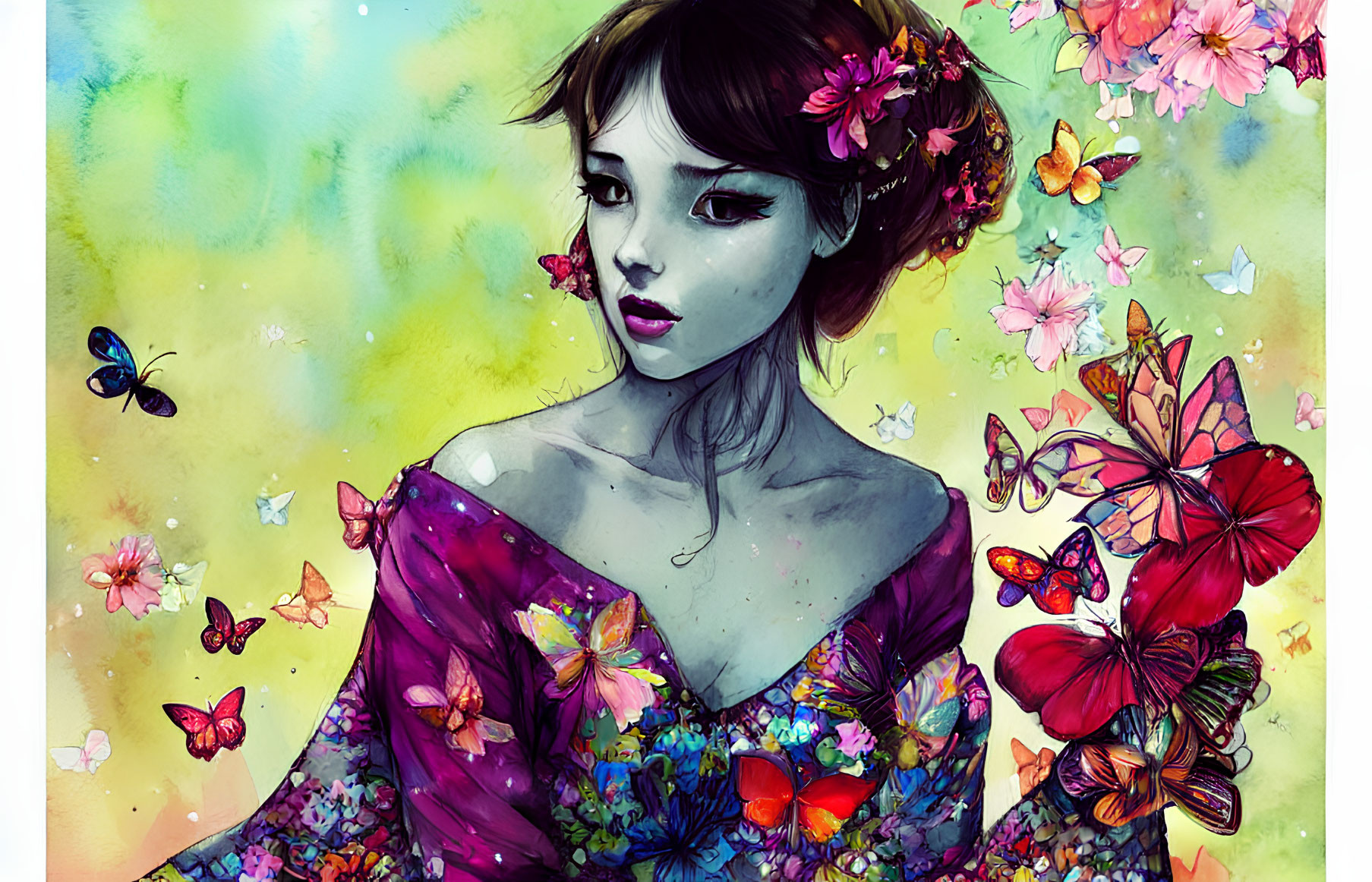 Colorful illustration: Woman with floral hair and butterflies