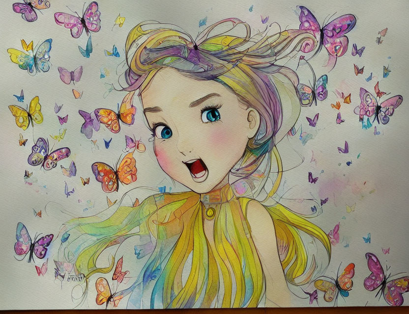 Vibrant illustration of joyful girl with whimsical hair and butterflies