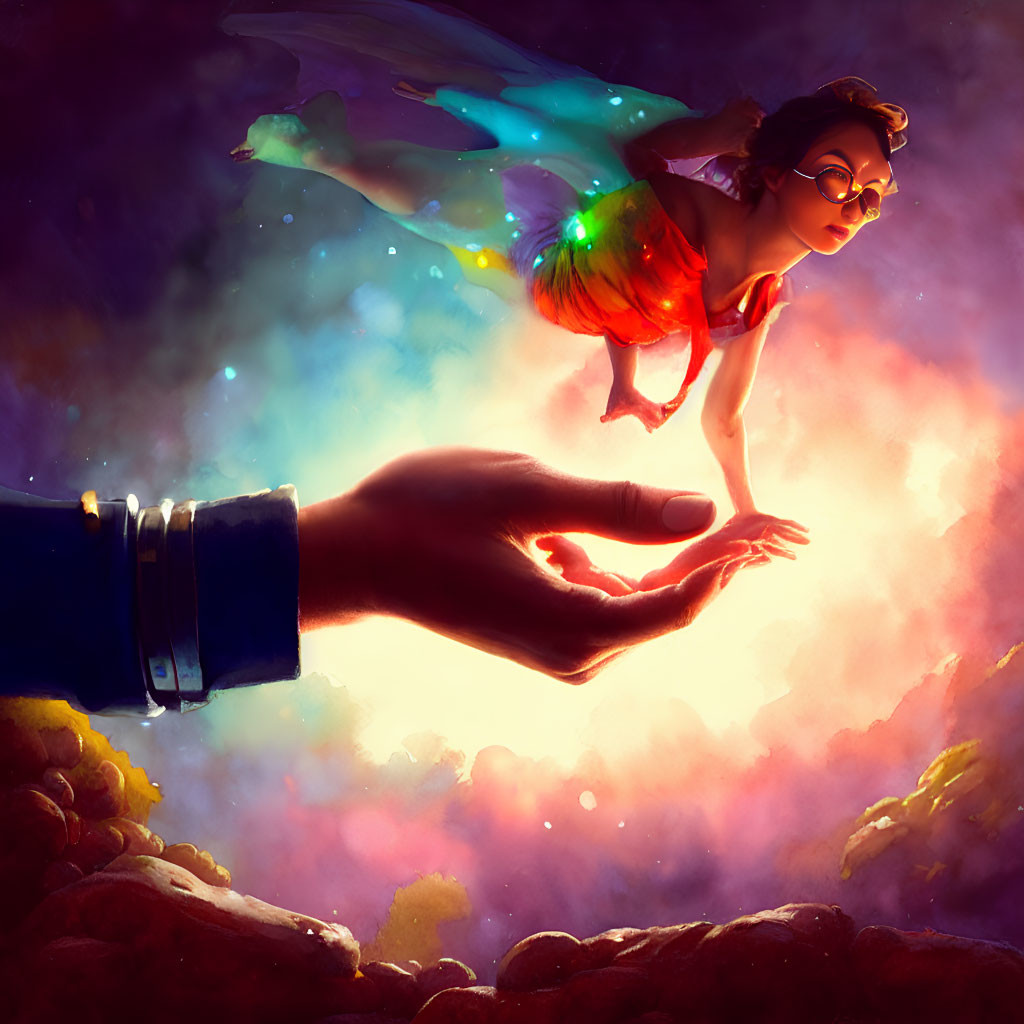 Colorful winged creature hovers over giant hand in vibrant scene