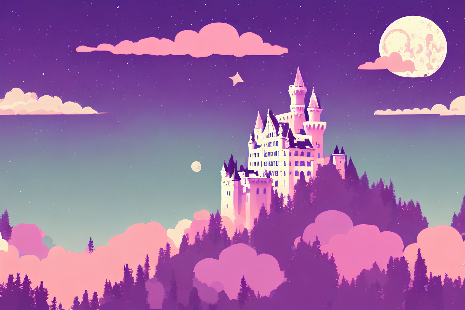 Fairytale castle in twilight sky with moon and stars