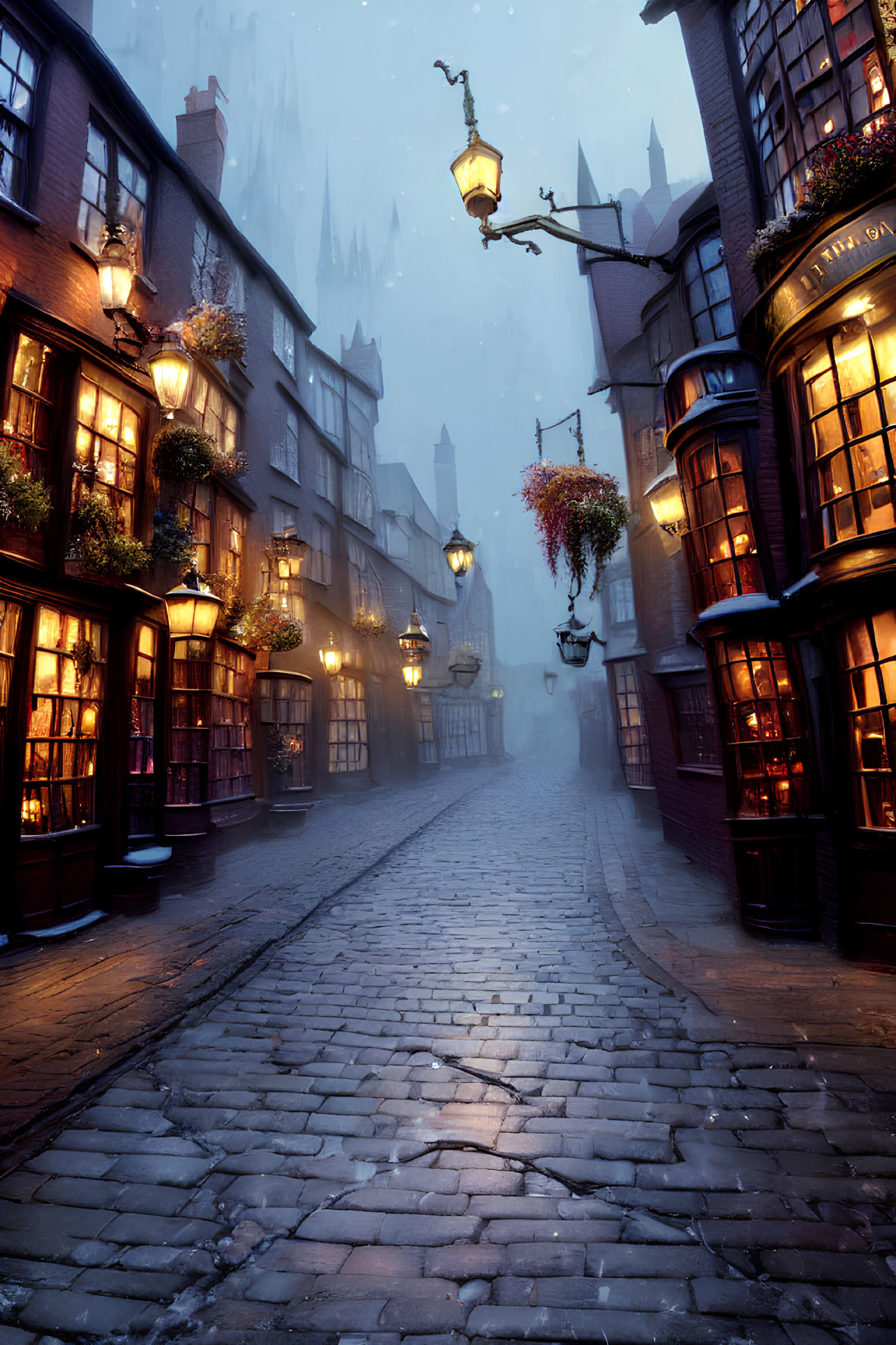 Misty cobblestone street with hanging flower baskets and warm streetlamps