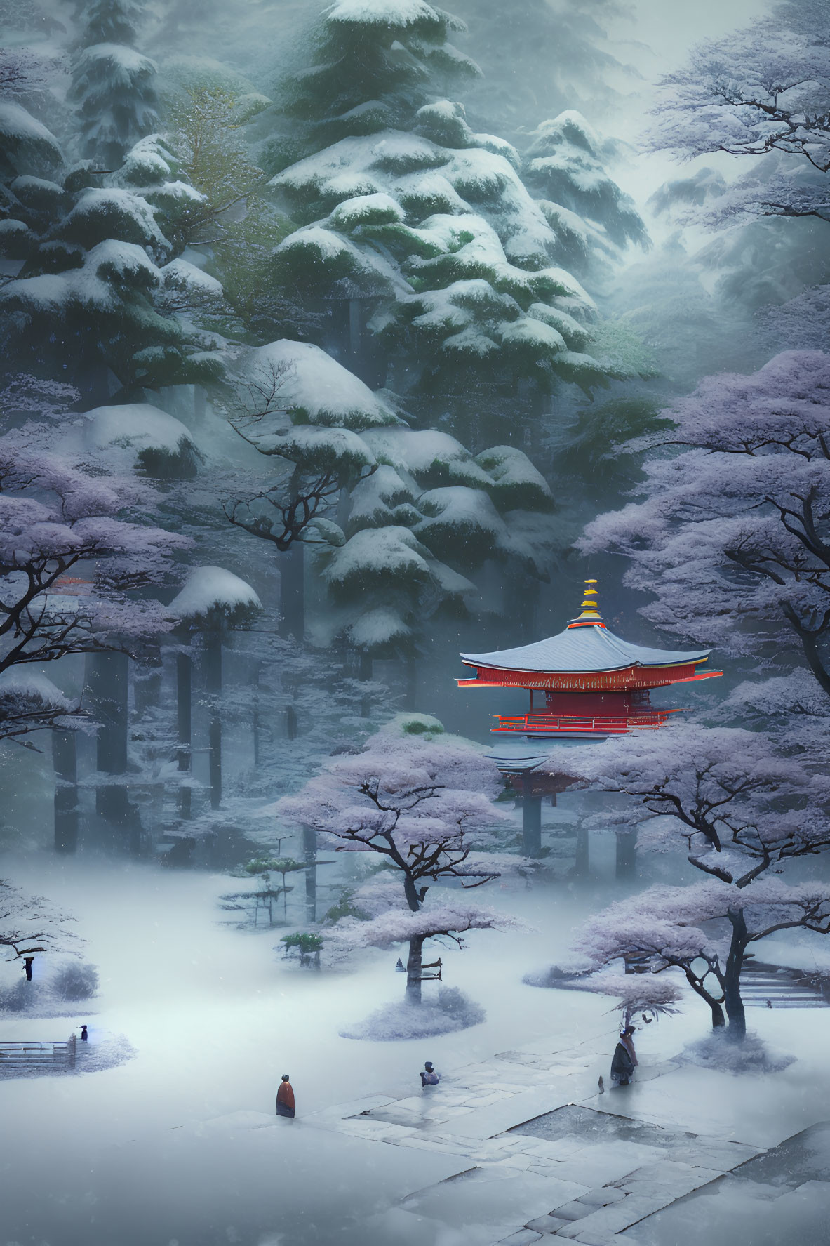 Snowy Cherry Blossom Pagoda Scene with Historical Figures