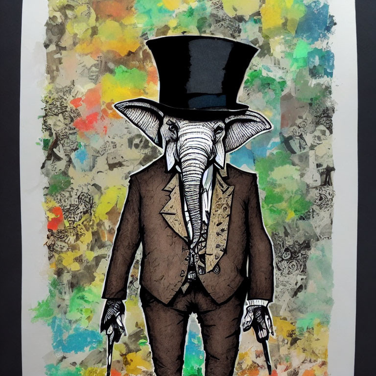 Elephant Head on Human Body in Formal Attire on Colorful Abstract Background