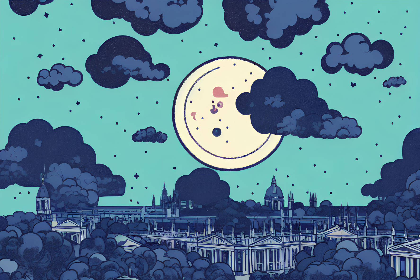 Illustrated night scene with full moon, stars, clouds, and cityscape.