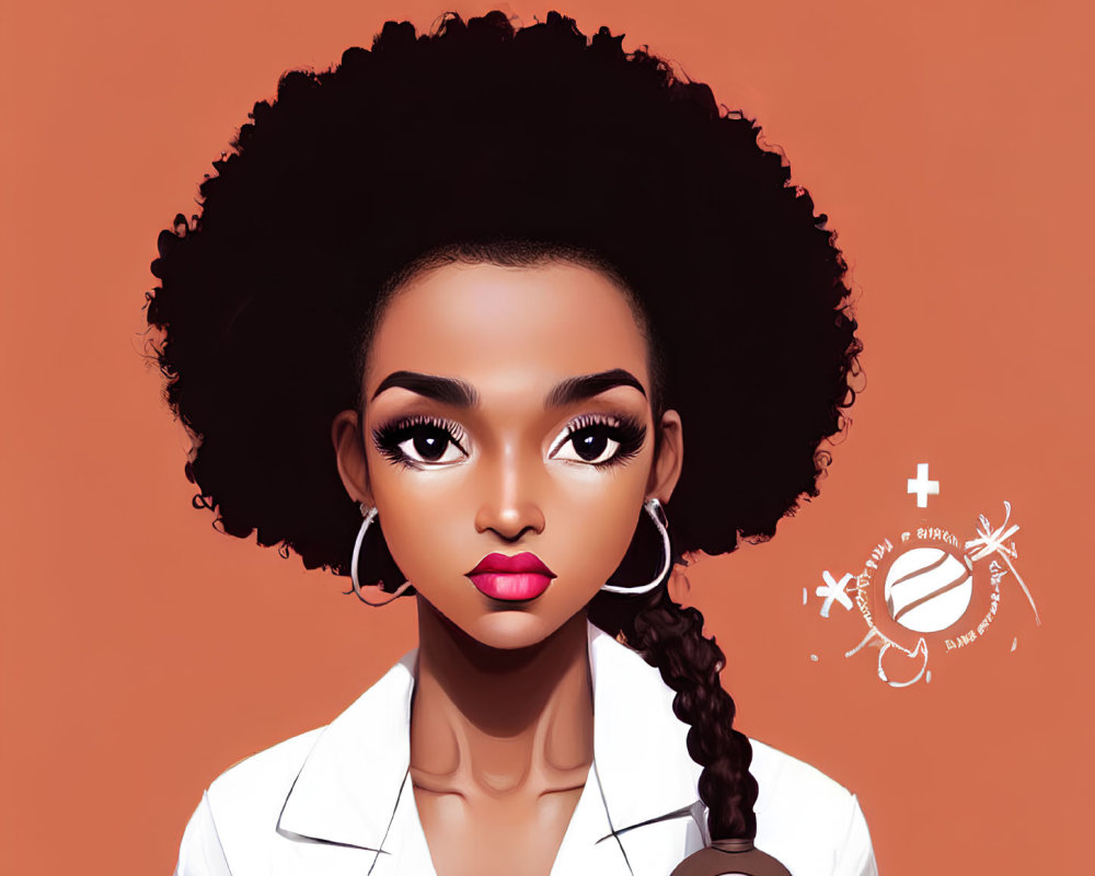 Detailed illustration of woman with voluminous afro, hoop earrings, subtle makeup, and white coat on