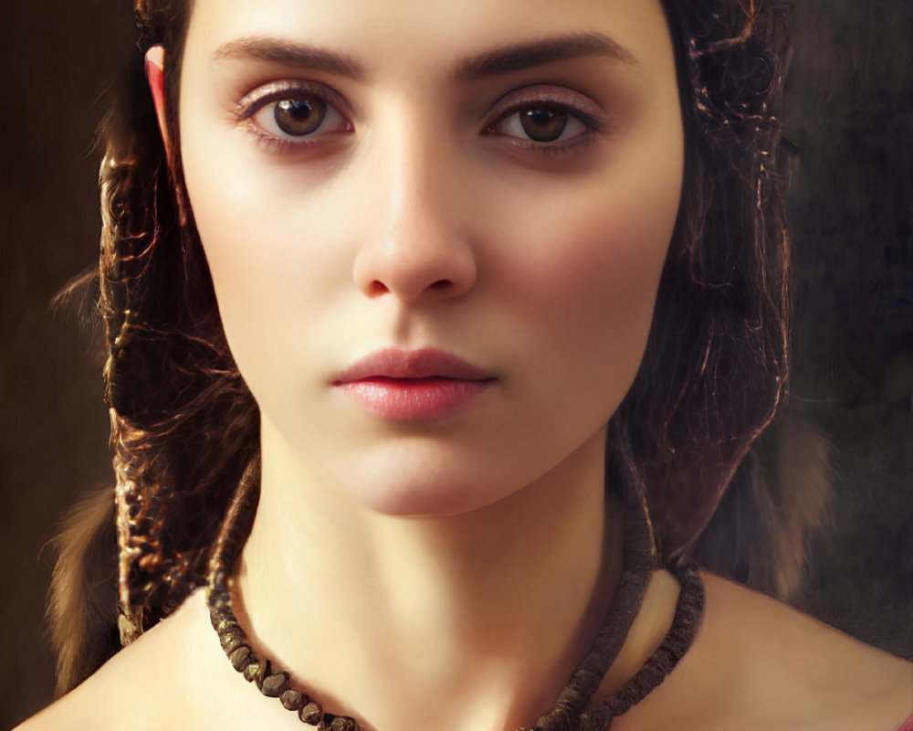 Regal woman portrait with decorative headband and red draped garment