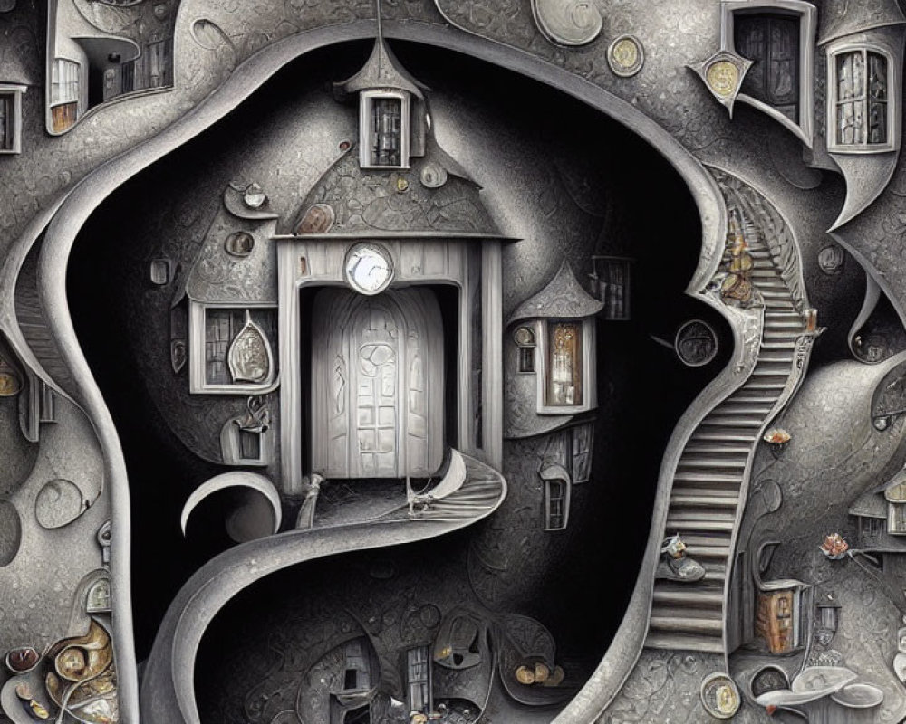 Surreal monochrome artwork of maze-like interior with detailed elements