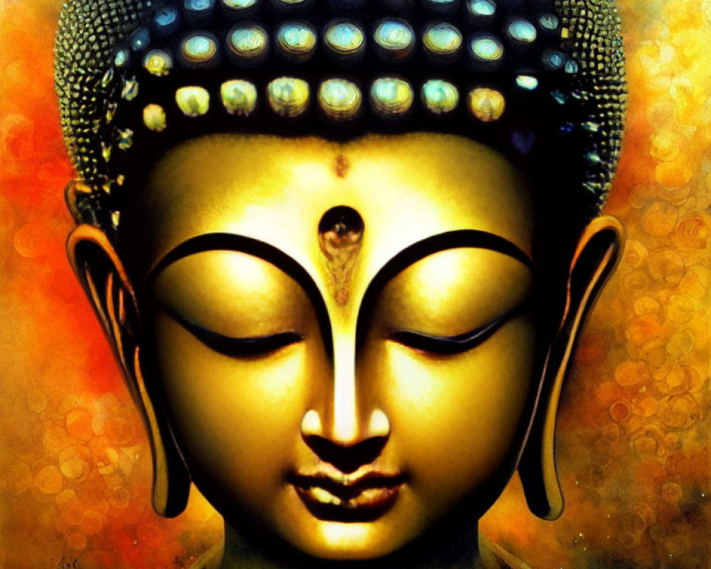 Serene Buddha portrait with golden skin and elongated earlobes on orange background