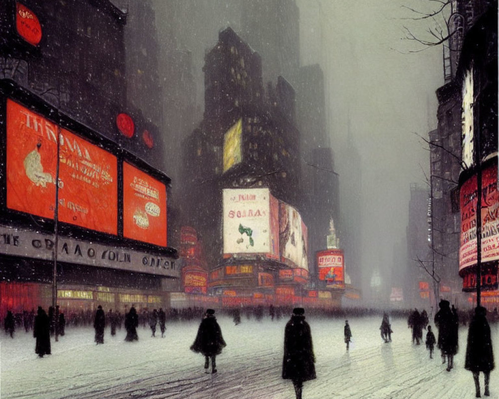 Snowy City Street Scene with People and Bright Billboards