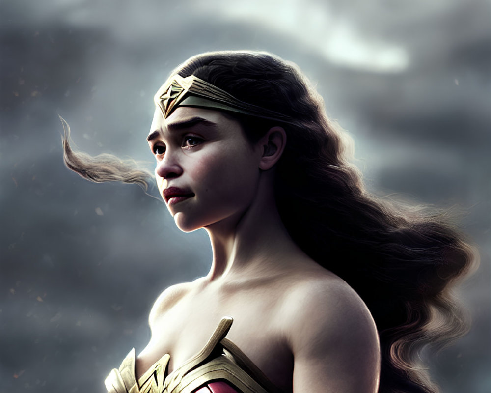 Female superhero with golden tiara and flowing hair against dramatic sky