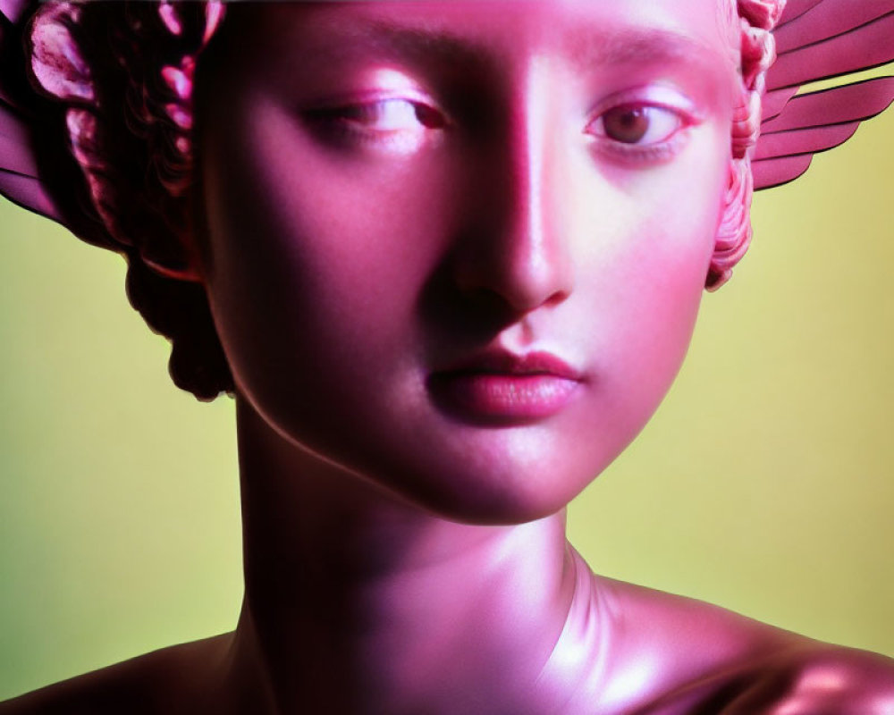 Classical statue's face with red-pink and green-yellow hues