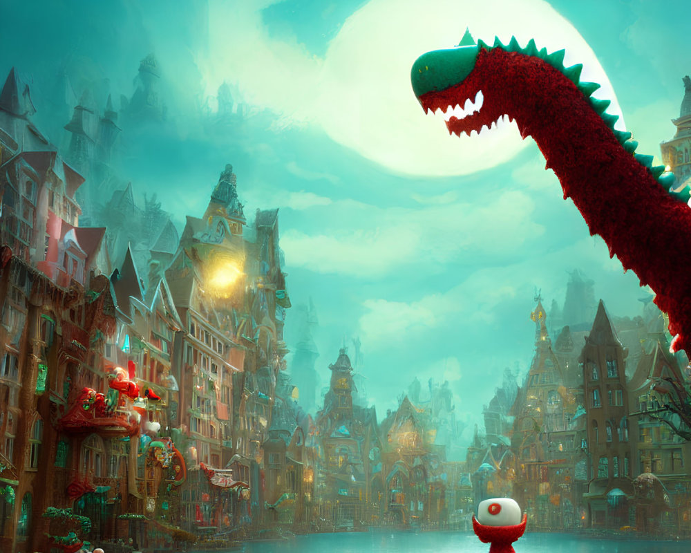 Vibrant whimsical cityscape with red creature and plush dinosaur under glowing moon