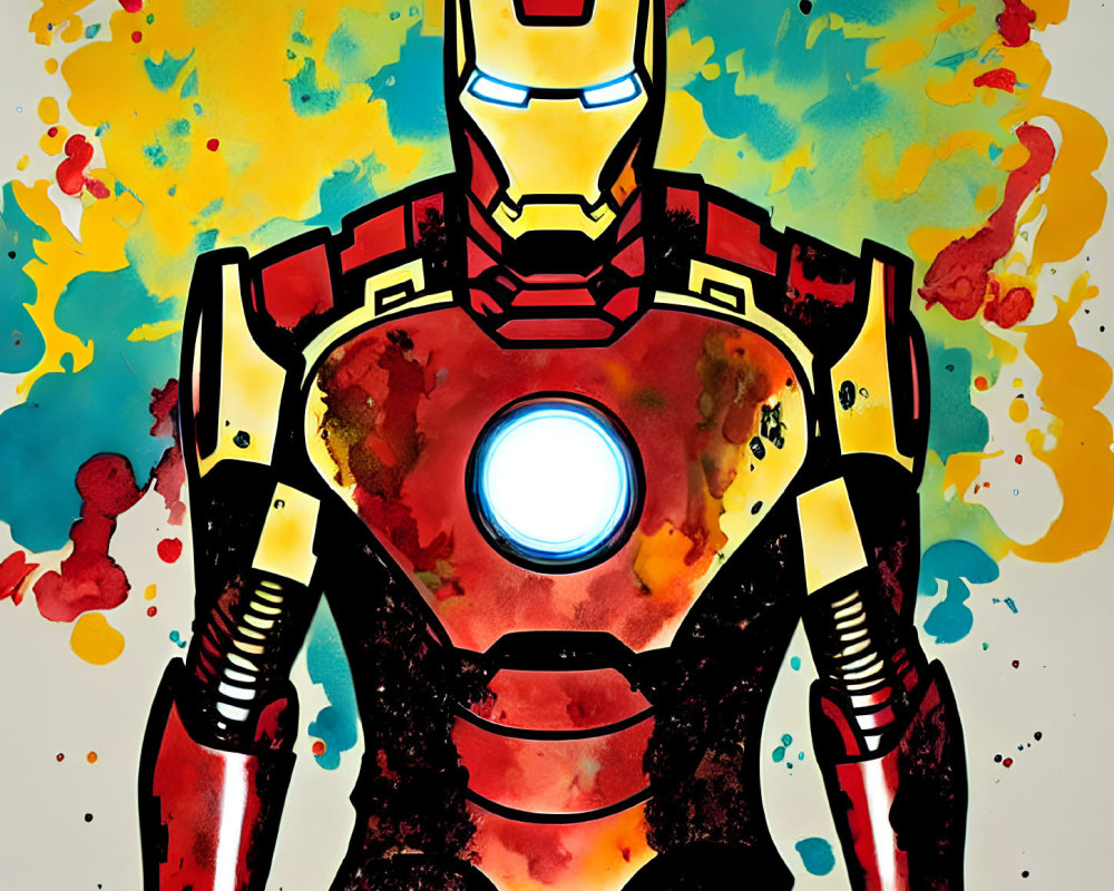 Vibrant Iron Man artwork with splattered paint background and chest reactor focus