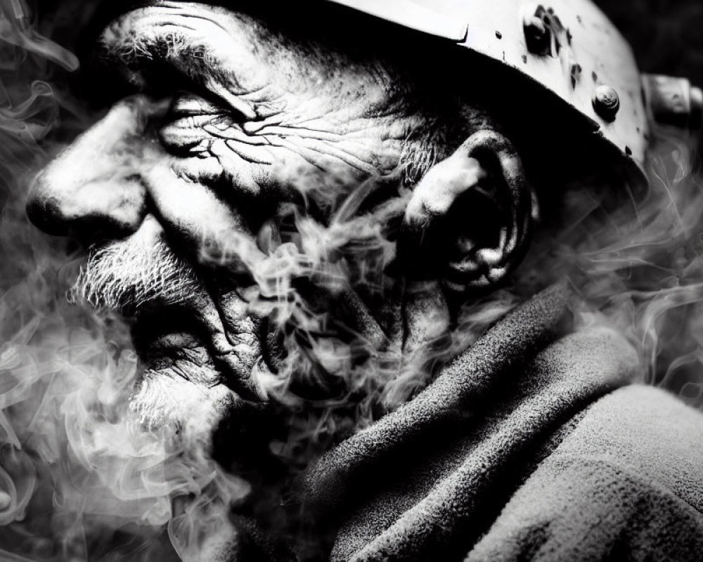 Elderly man in helmet with weathered face in black and white, surrounded by smoke