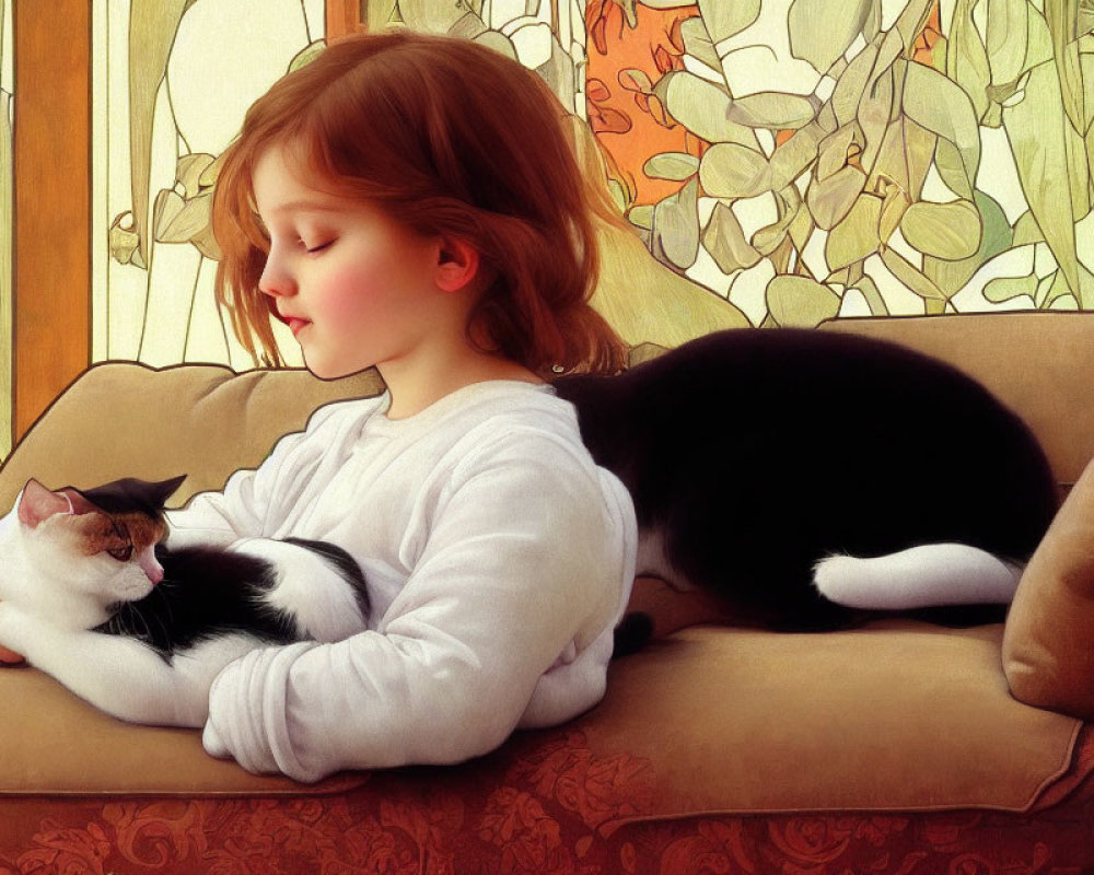 Young girl in white sweater cuddles black and white cat on cozy couch with sunlight and floral curtains.