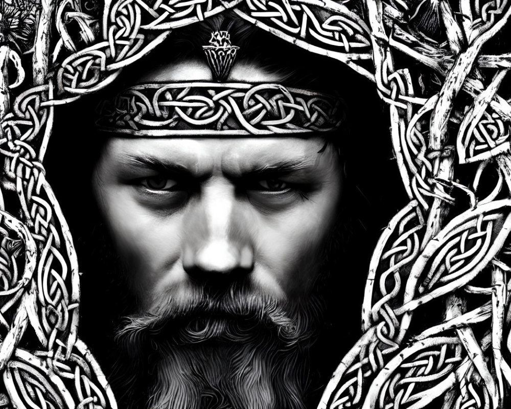 Monochrome artistic portrait of stern-faced man with beard and Celtic headband surrounded by intricate knotwork patterns