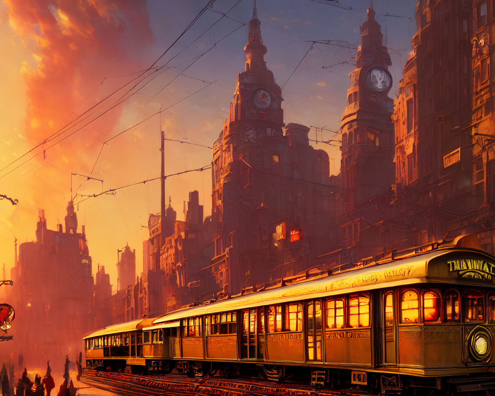 Vintage tram in bustling city with ornate buildings at sunset