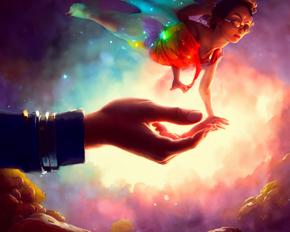 Colorful winged creature hovers over giant hand in vibrant scene