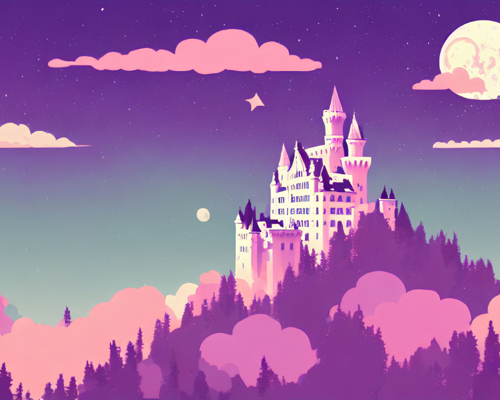 Fairytale castle in twilight sky with moon and stars