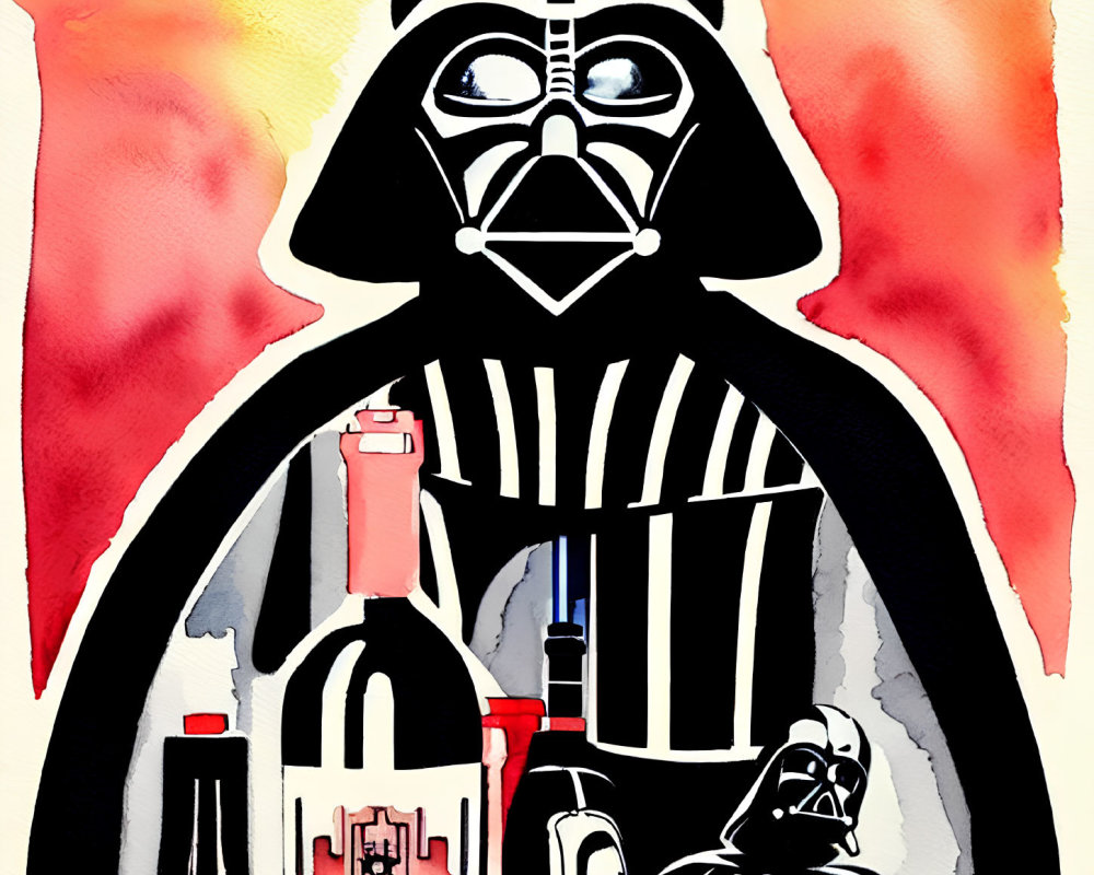 Watercolor and Ink Illustration of Darth Vader Surrounded by Wine Bottles