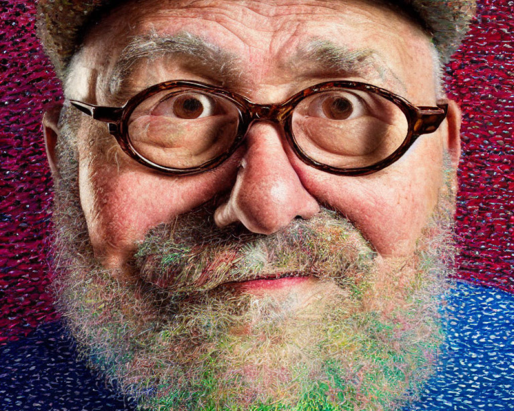 Colorful bearded elderly man in round glasses and tweed cap on red textured background